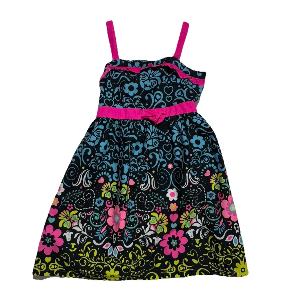 Sugah & Honey Girls Floral Paisley Sundress Boho Pink Straps Waist Sash Size 5